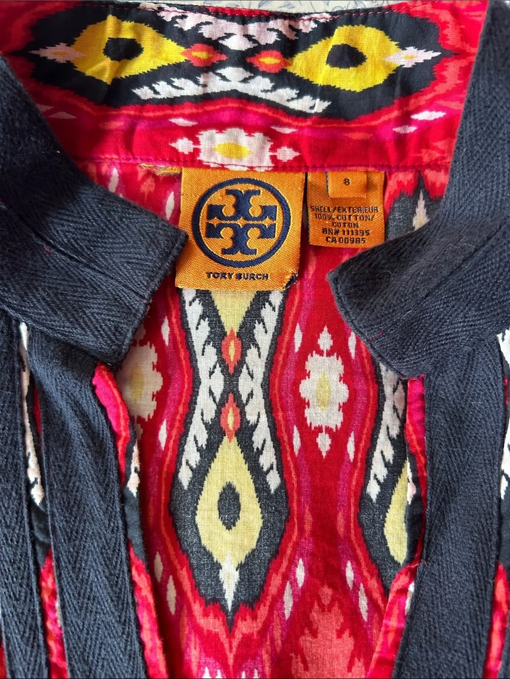 Red Boho Ikat Tunic Top with Navy Trim